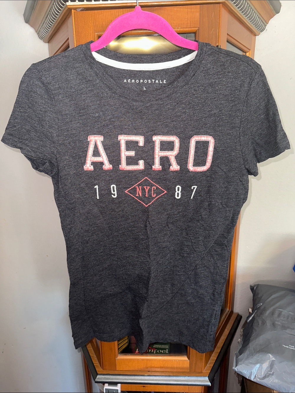 Aeropostale Charcoal Gray Logo Tee with Pink Accents